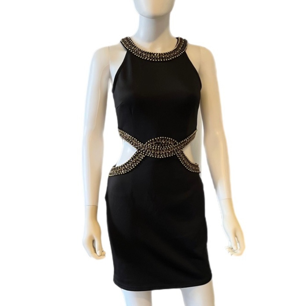 GLAMOROUS Black Body-con Dress with Waist Cutouts and Beaded Detail SIZE S